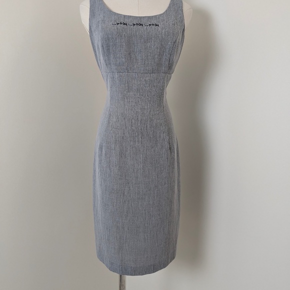 90s Mini Dress Grey Suzy Petites Pencil Embroidery Scoop High Neckline Slit - Picture 7 of 12
